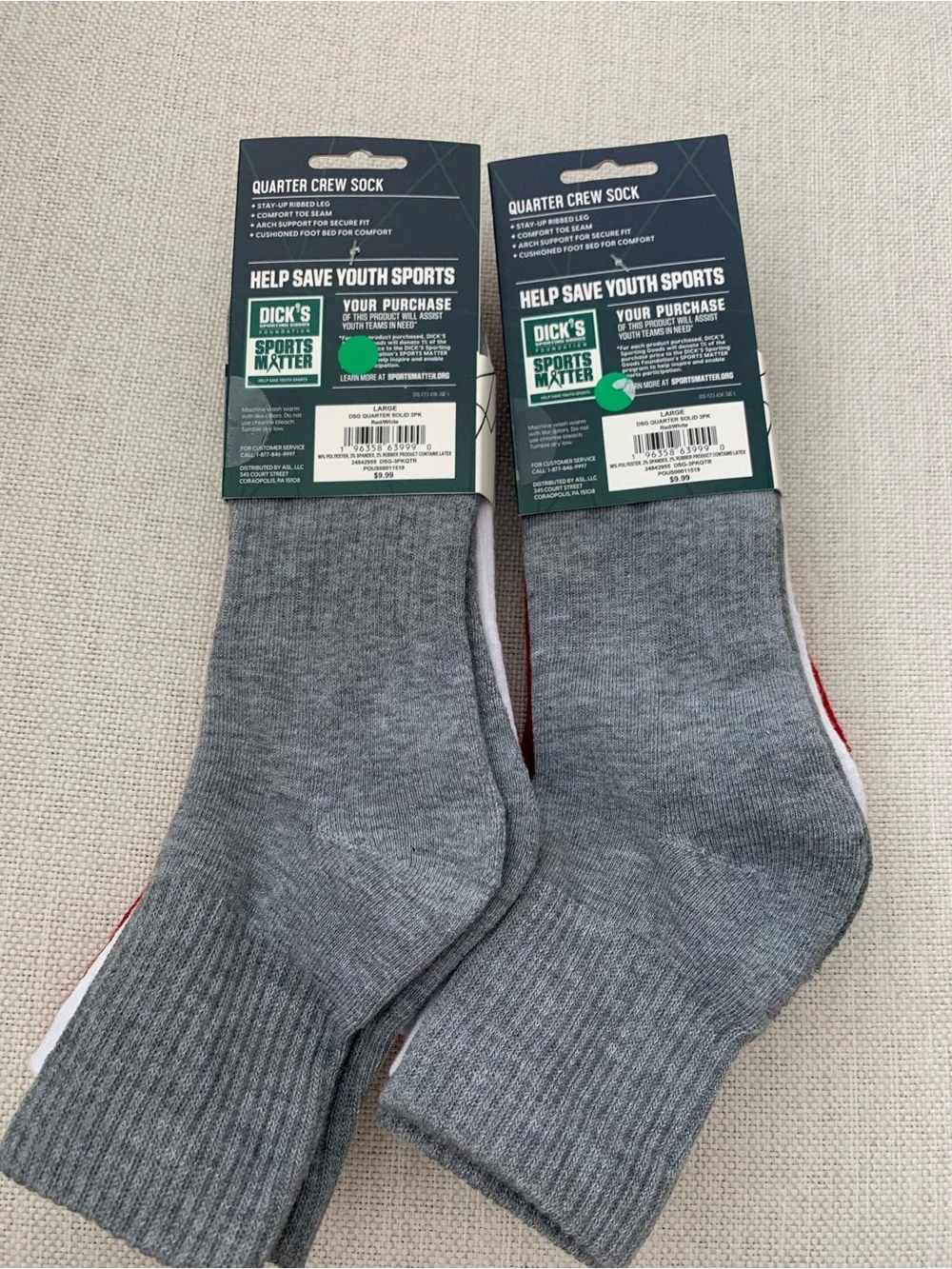 New DSG 6 Pairs Quarter Crew Socks - Red White Gray Unisex Large